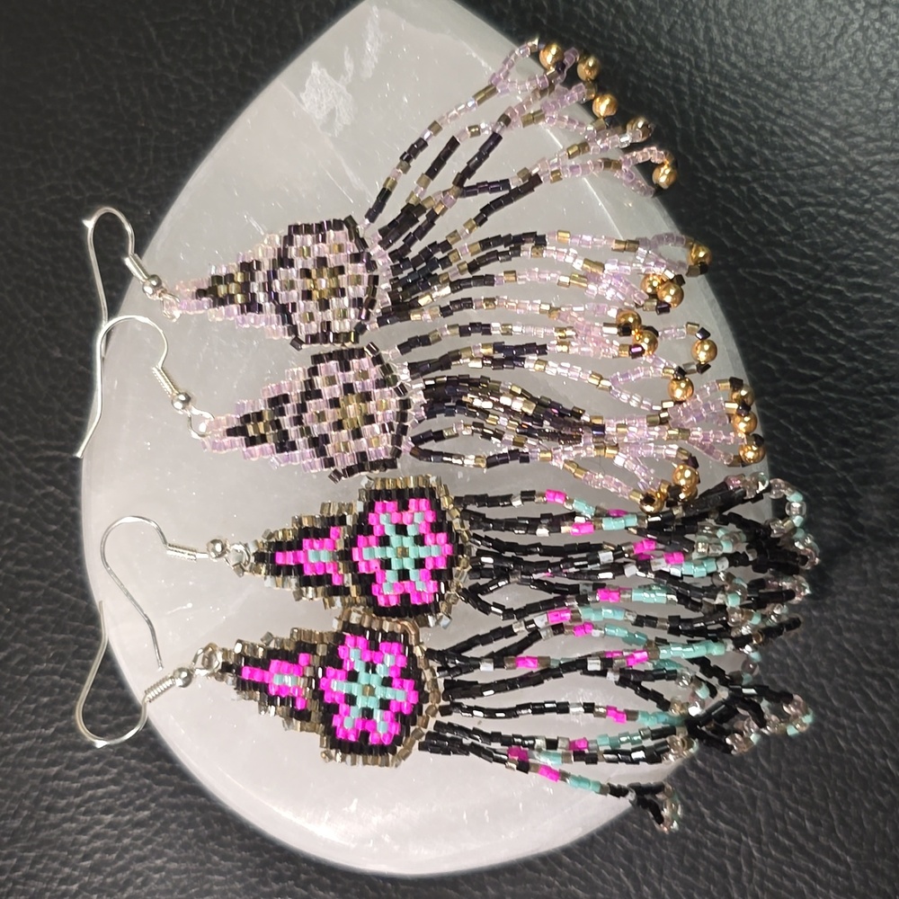 2 pair of beaded snowflake earrings